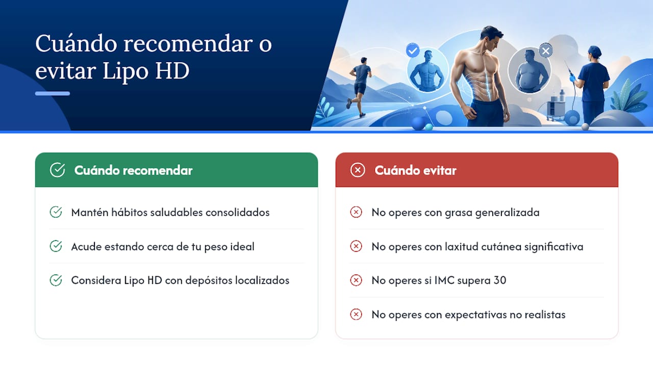 Perspectiva del cirujano: cuándo recomiendo la Lipo HD y cuándo no — overview diagram