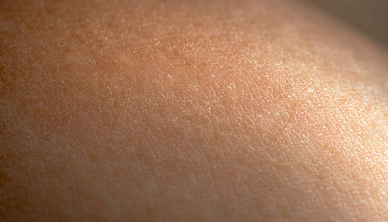 La textura de la piel iluminada por una luz cálida revela las fibras de colágeno que se encuentran debajo de la superficie.