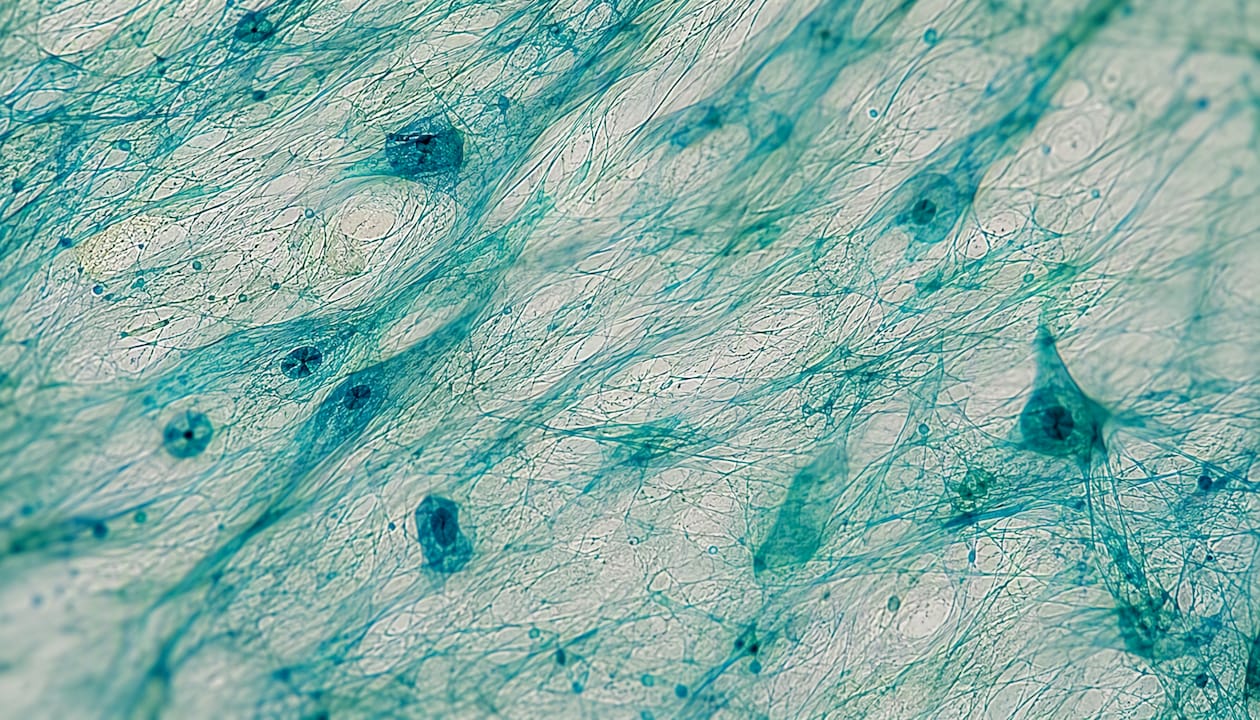 Imagen microscópica donde se aprecian fibroblastos cutáneos y fibras de colágeno