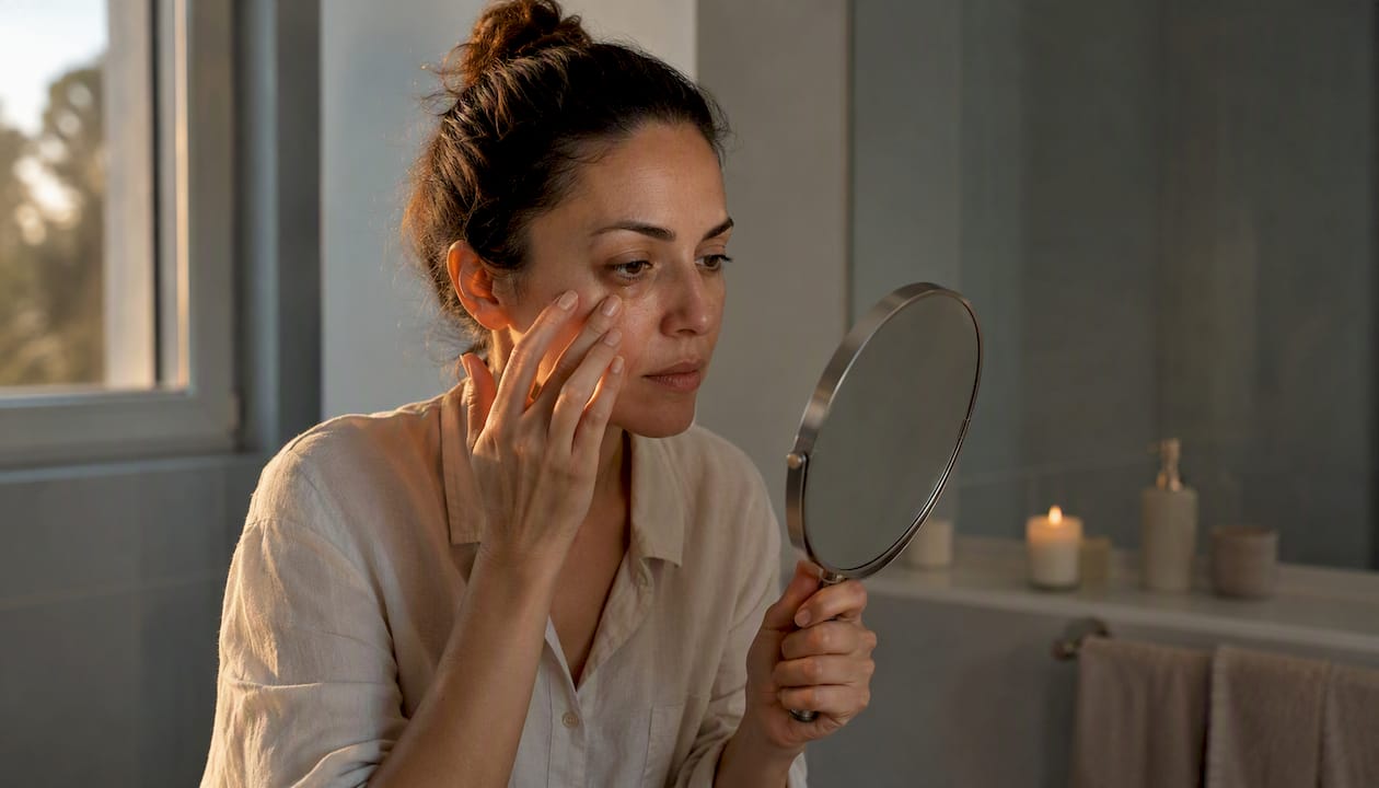 Observando mis ojeras en el espejo, aprovechando la luz natural para verlas mejor.