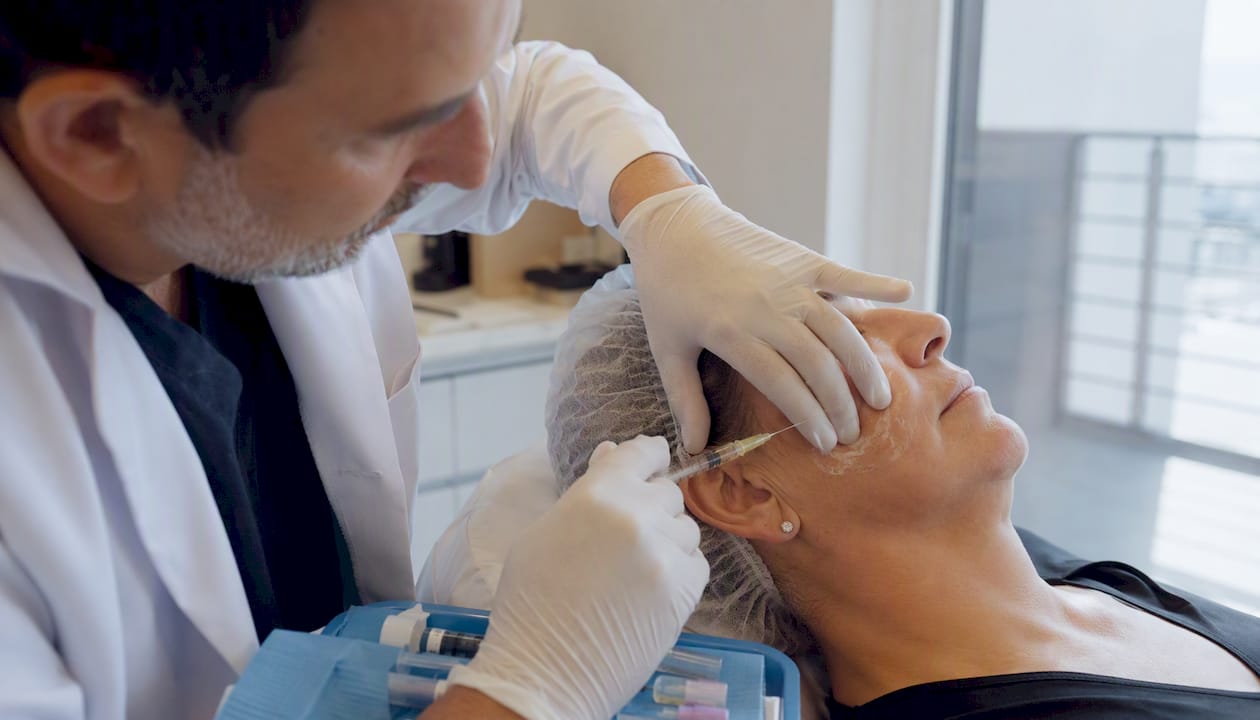 Aplicación de plasma rico en plaquetas alrededor de los ojos utilizando una aguja fina