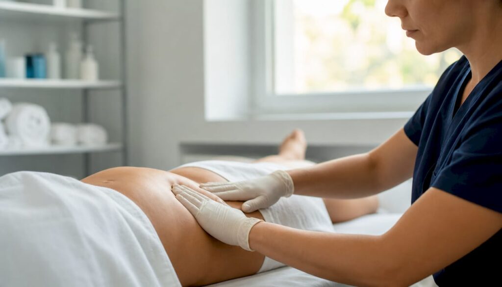 Manos realizando un drenaje linfático tras una liposucción