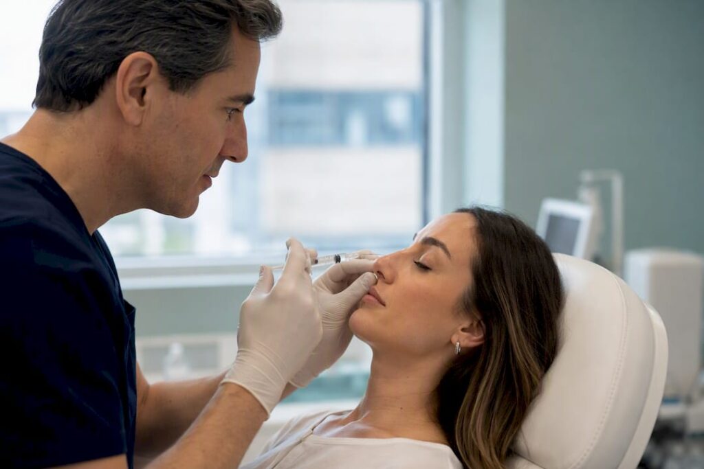 Médico aplicando ácido hialurónico en la punta de la nariz