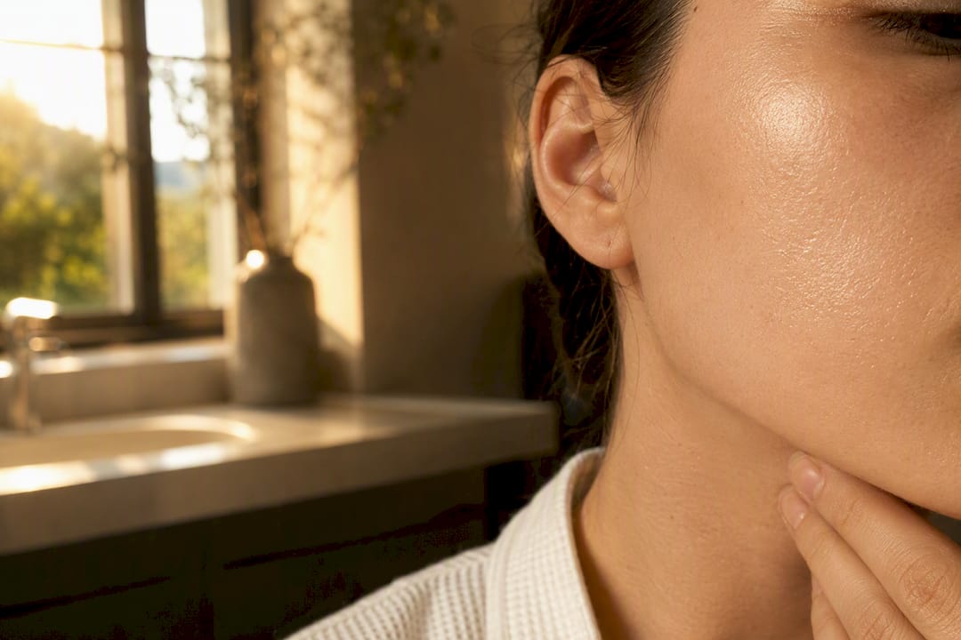 Primer plano de piel facial hidratada y radiante