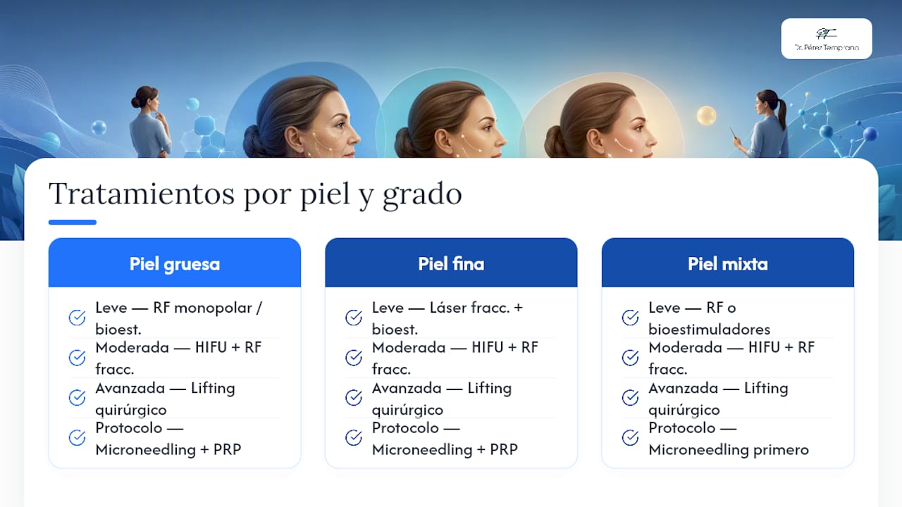 Diagrama de tratamientos para flacidez facial según tipo y grado de piel