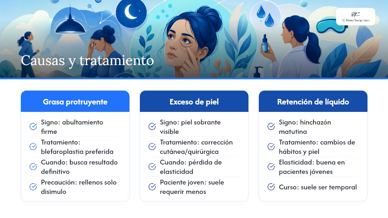Diagrama de tipos de bolsas bajo los ojos y opciones de tratamiento