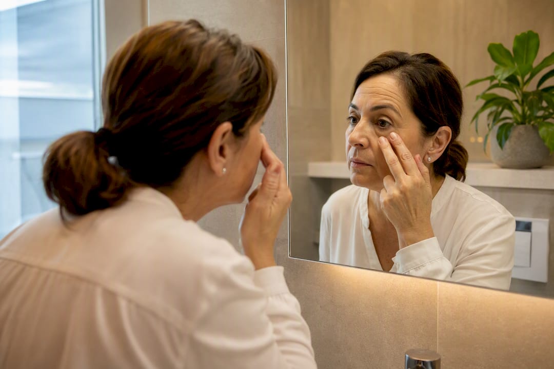 Mujer revisándose las bolsas bajo los ojos frente al espejo