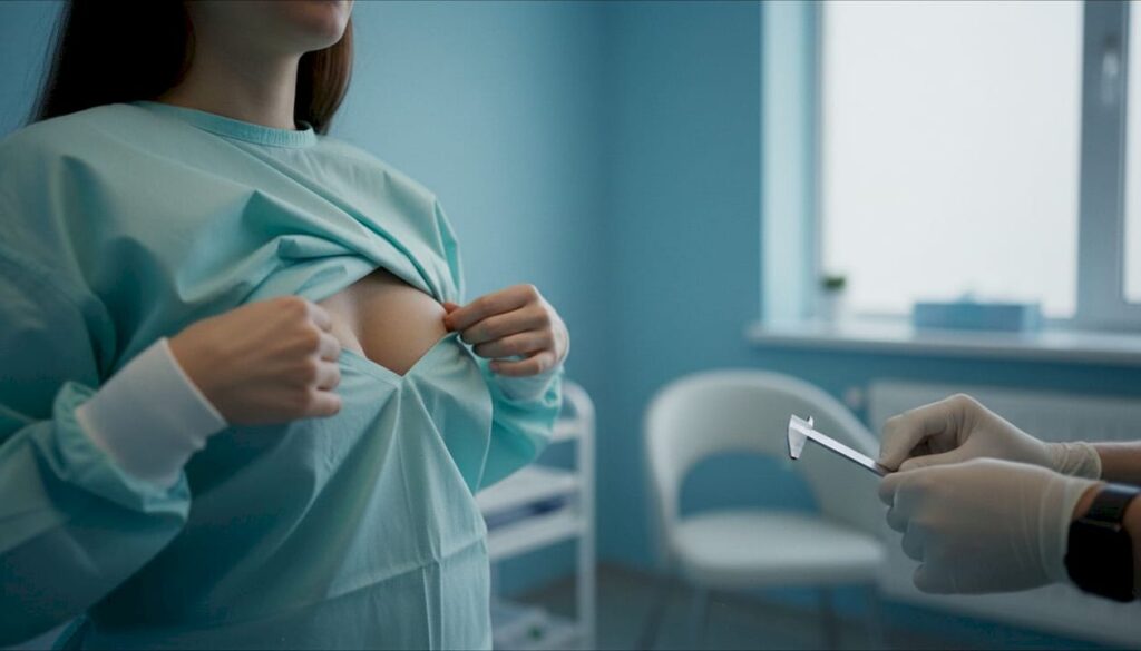 Detalle de pecho femenino con mama tuberosa en consulta médica