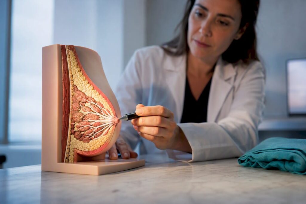 Cirujana examinando la anatomía mamaria