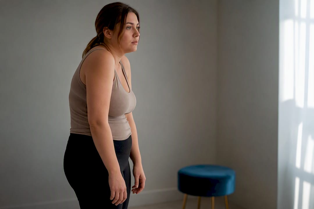 Mujer adoptando una postura que indica dolor en la espalda