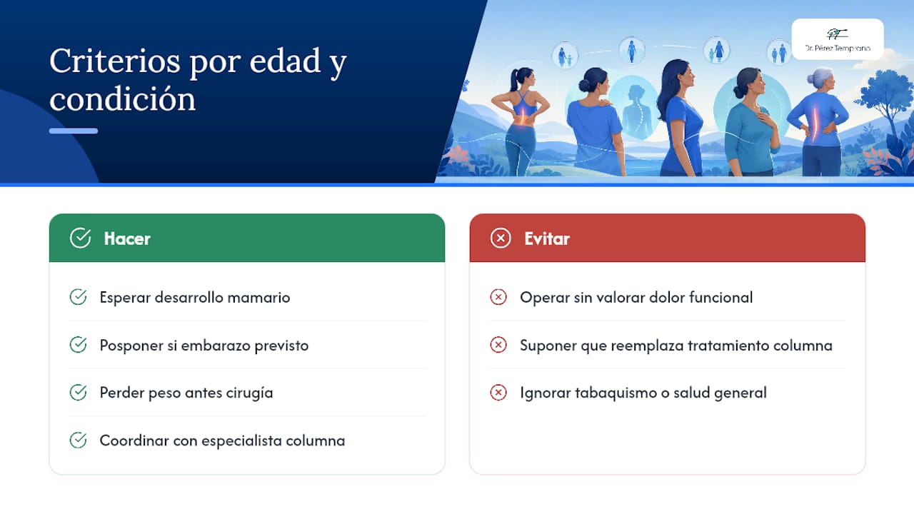 Criterios específicos para la indicación quirúrgica en diferentes edades o condiciones médicas — overview diagram