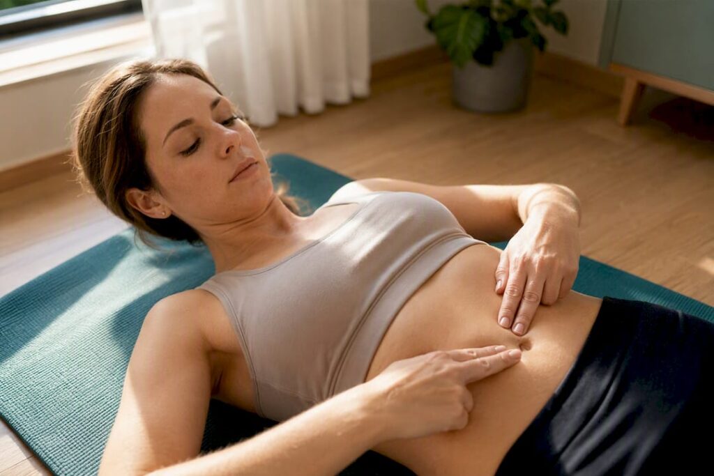 Mujer haciendo un test abdominal en casa