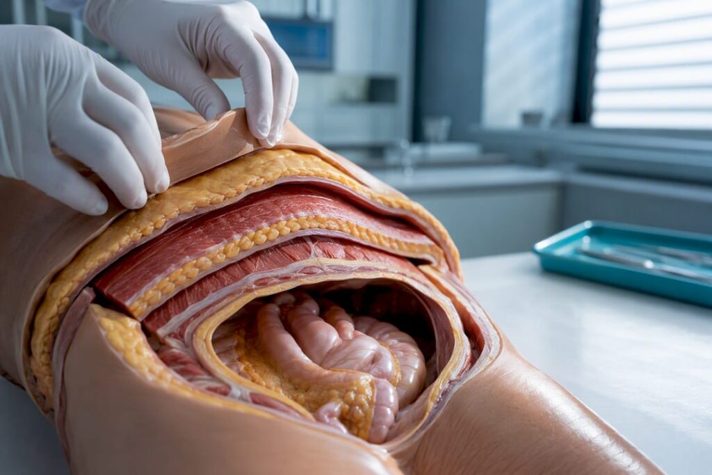 Modelo anatómico que muestra las capas del abdomen