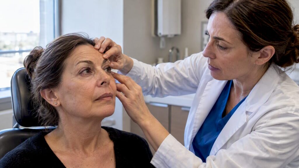Doctora evaluando el párpado superior de una paciente