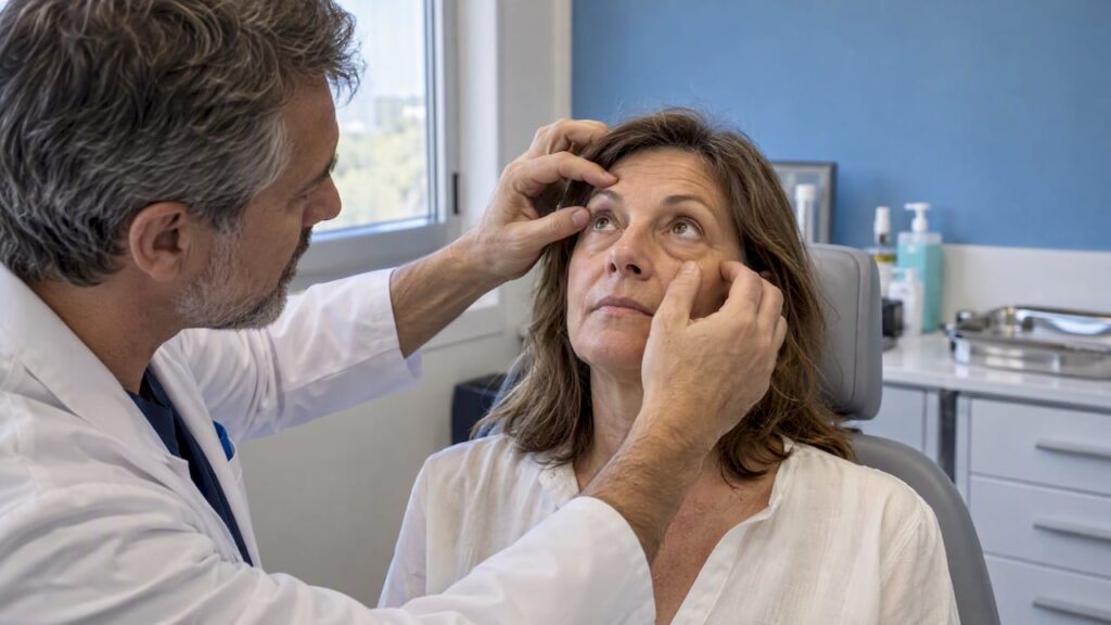 Mujer en consulta médica para revisión de sus párpados