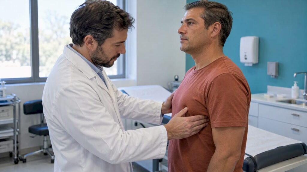 Doctor examina el tejido mamario de un paciente