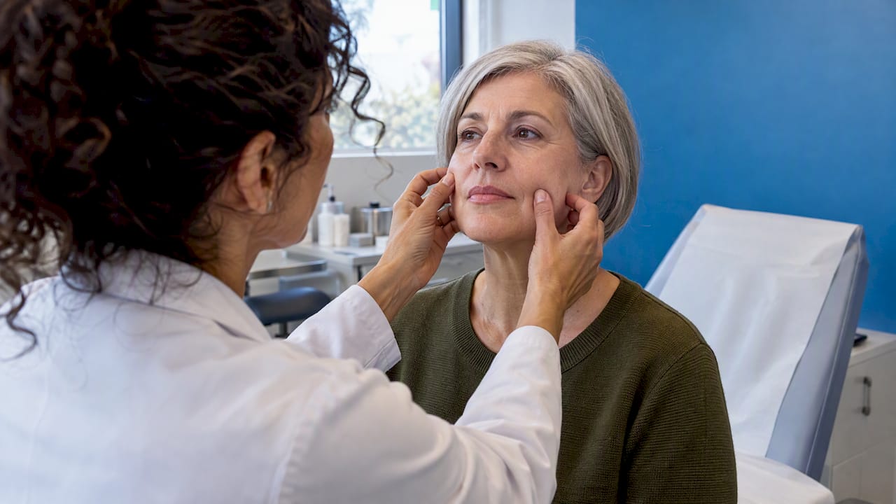 Doctora examina el rostro de una paciente
