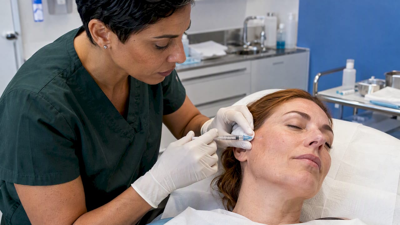 Doctora realiza una inyección facial con técnica precisa